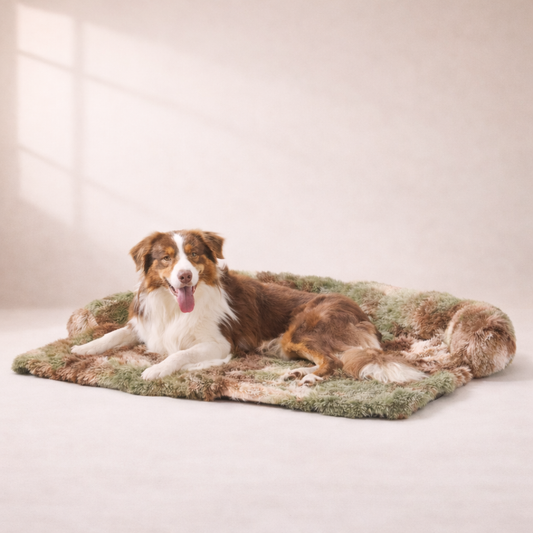 Dog resting on Inspaws fluffy faux fur couch cover sofa bed in green camo