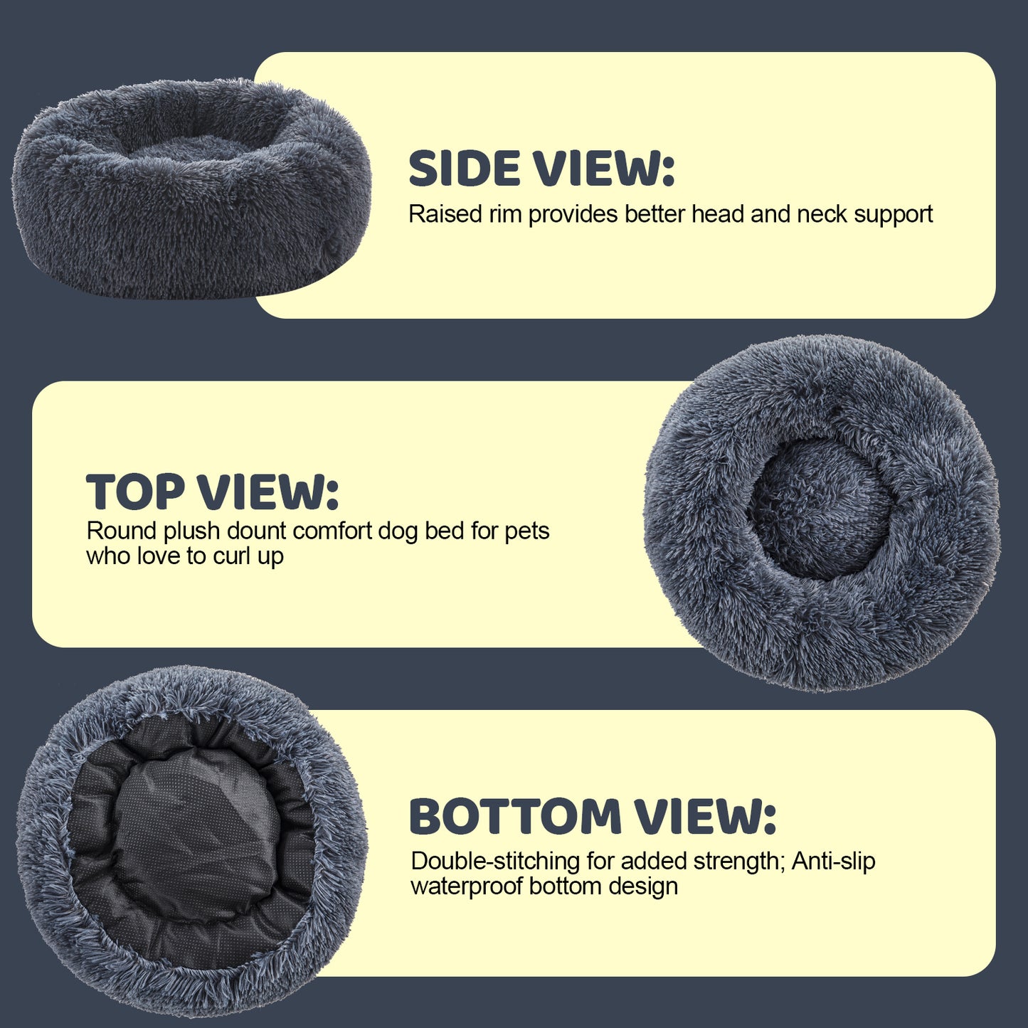 Inspaws calming donut dog bed side view top view and bottom view size guide