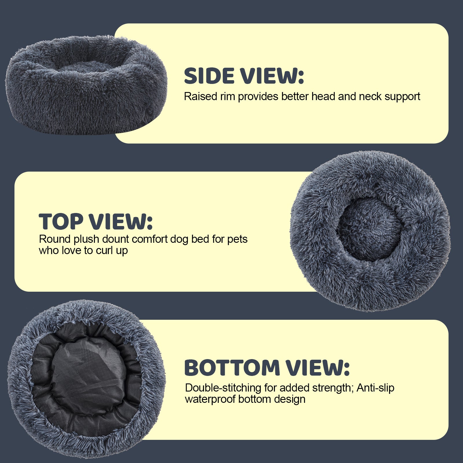 Inspaws calming donut dog bed side view top view and bottom view size guide