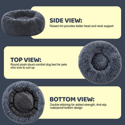 Inspaws calming donut dog bed side view top view and bottom view size guide