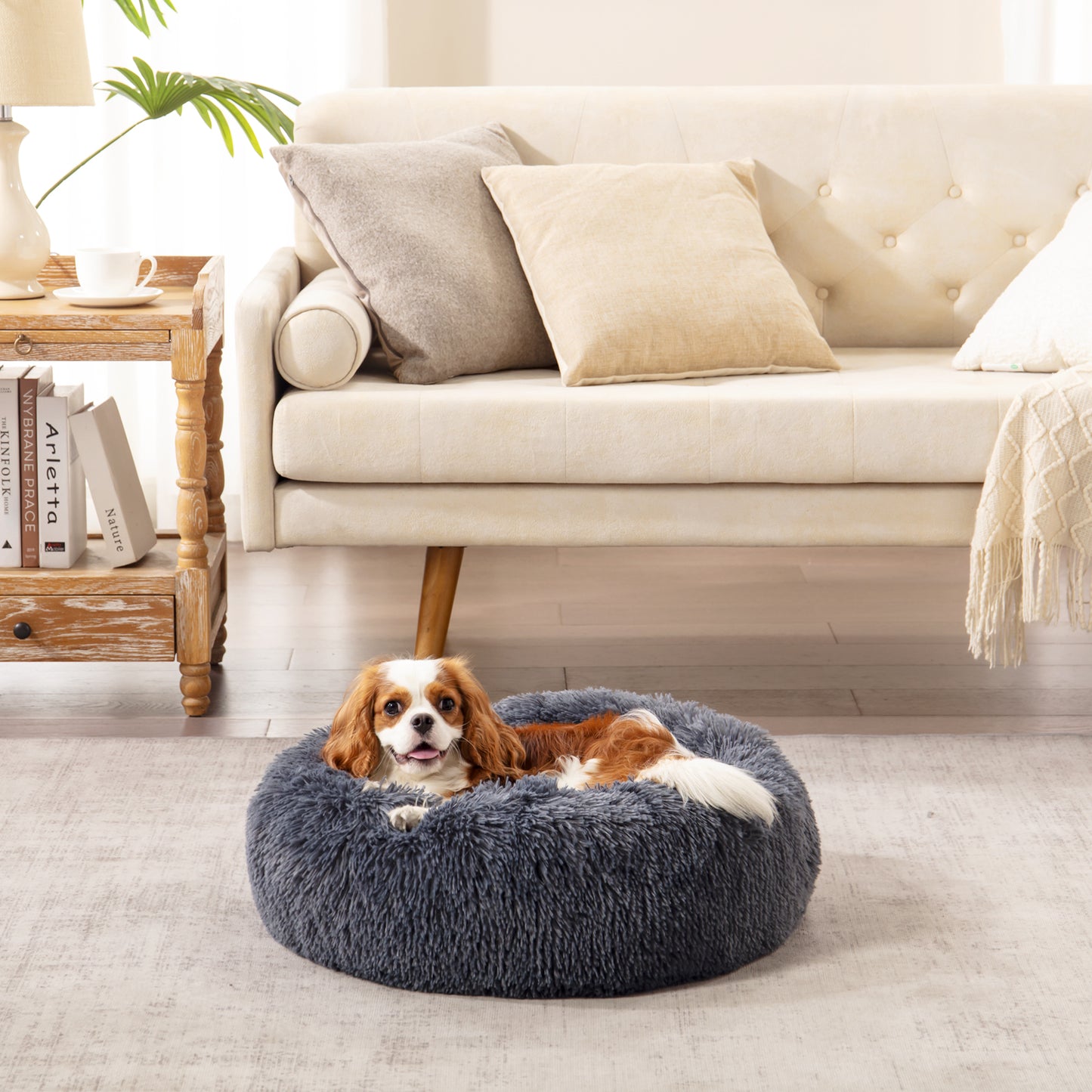 Dog lounging on sofa with Inspaws calming donut dog bed