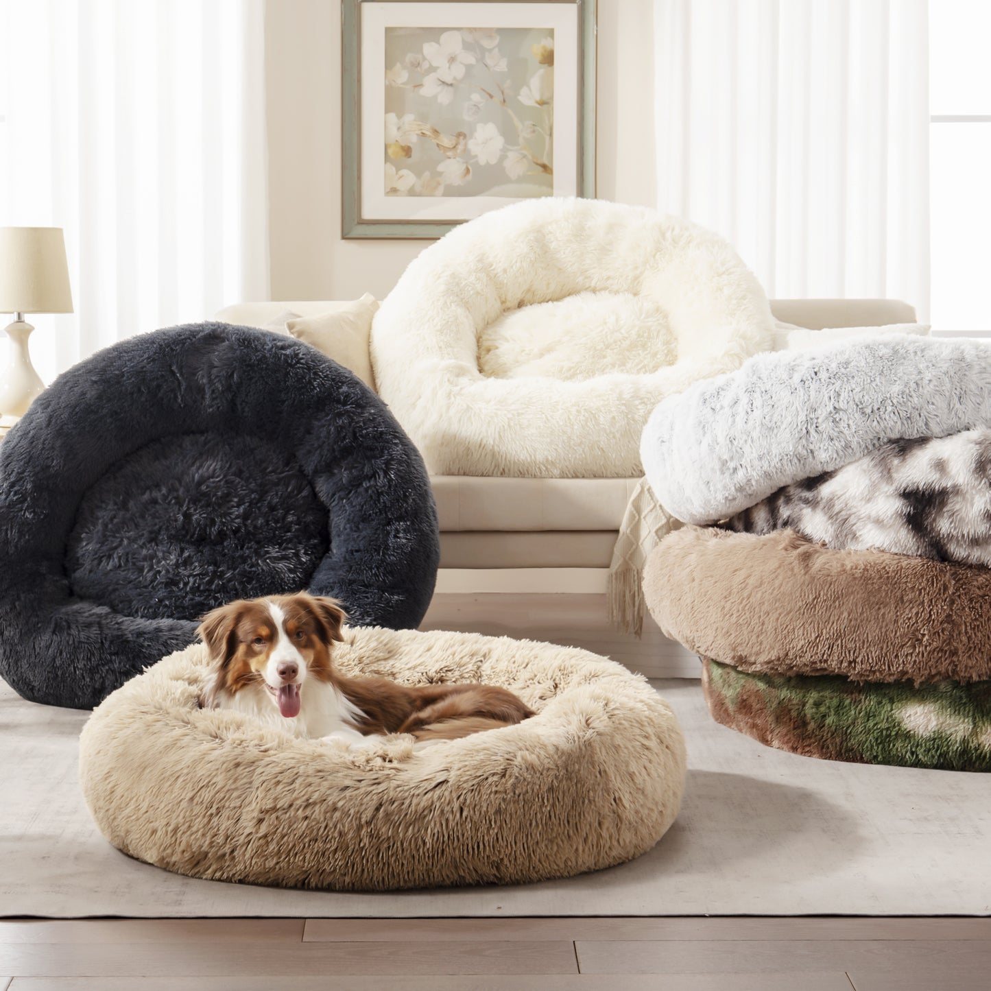 Inspaws calming donut dog bed available in multiple colors including dark grey, beige, white, light grey and brown plush faux fur