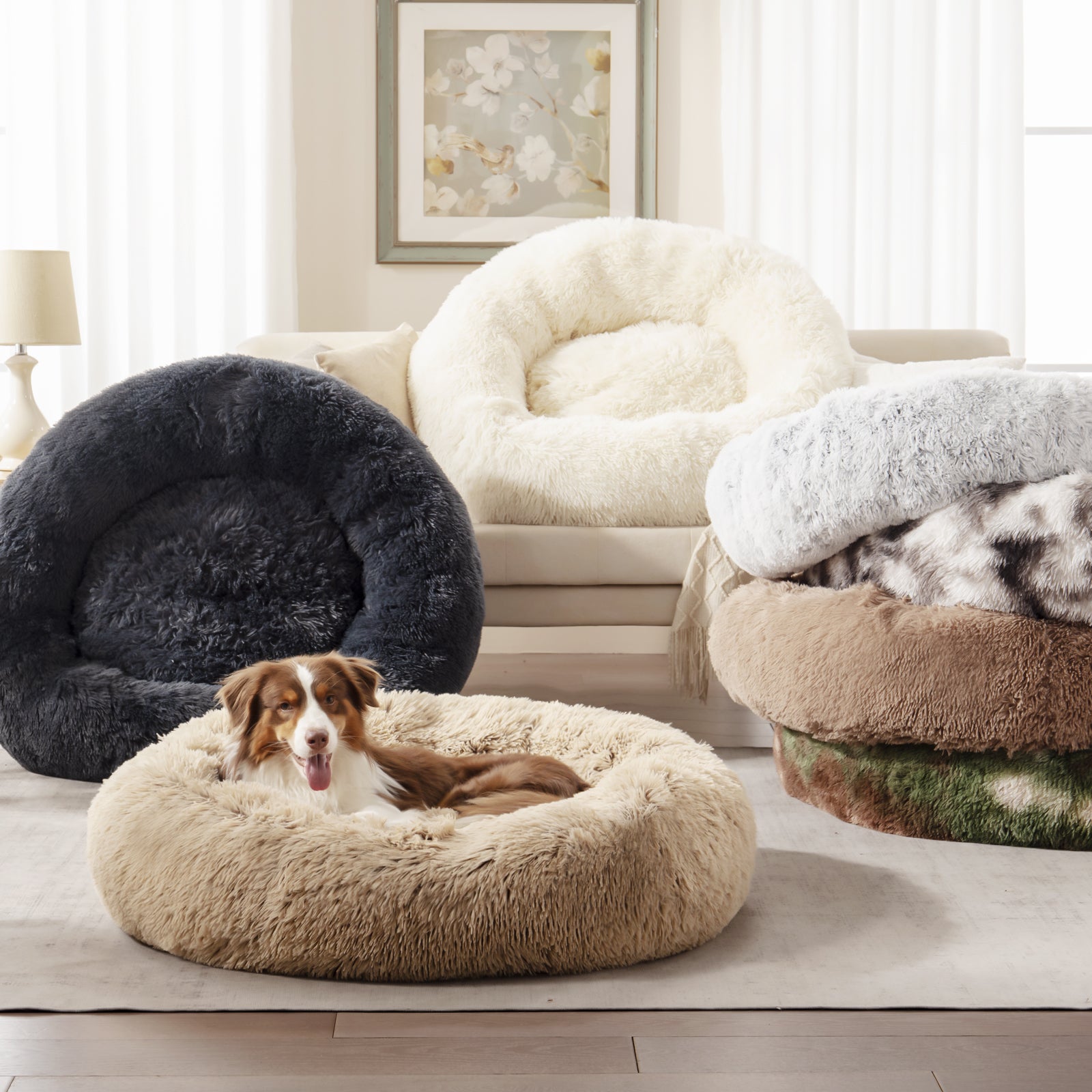 Inspaws calming donut dog bed available in multiple colors including dark grey, beige, white, light grey and brown plush faux fur