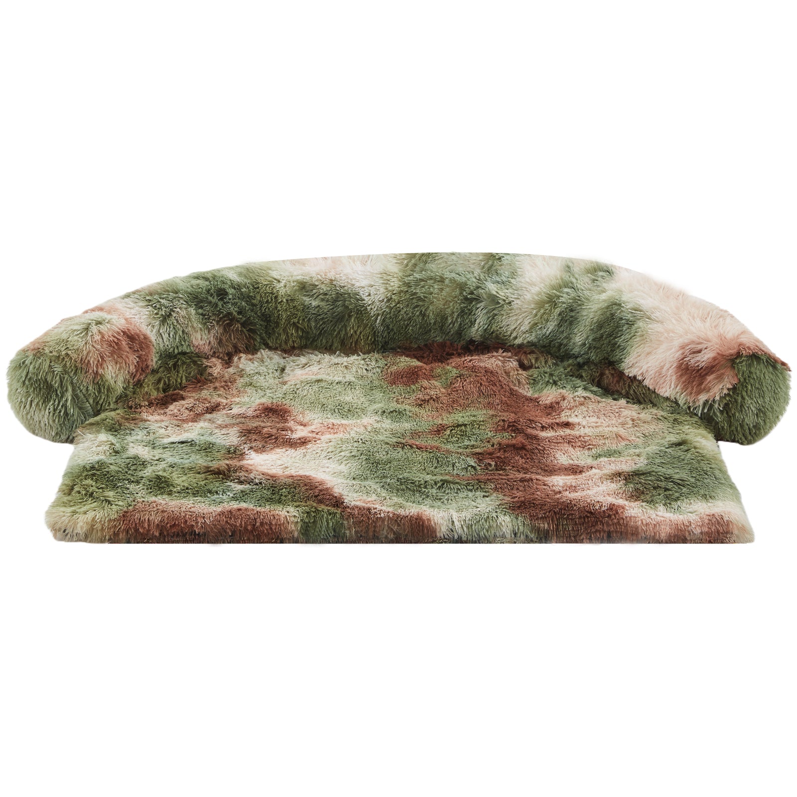 Inspaws fluffy couch cover in green camo faux long fur flat view on white background