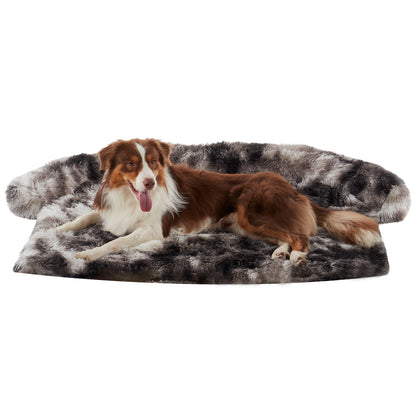 Dog lounging on Inspaws fluffy faux fur couch cover sofa bed in ink tie-dye on white background