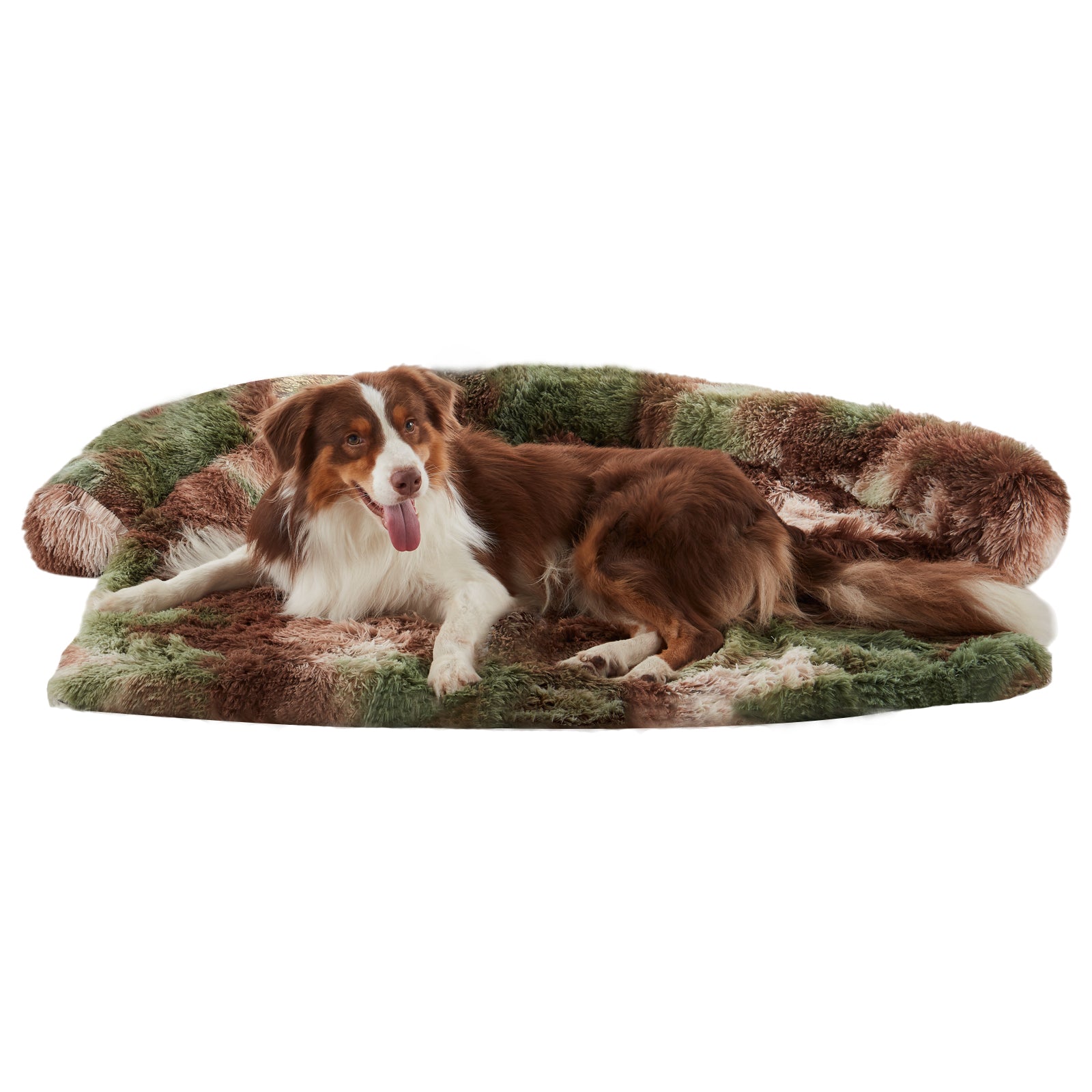 Dog lounging on Inspaws green camo fluffy faux fur couch cover sofa bed on white background