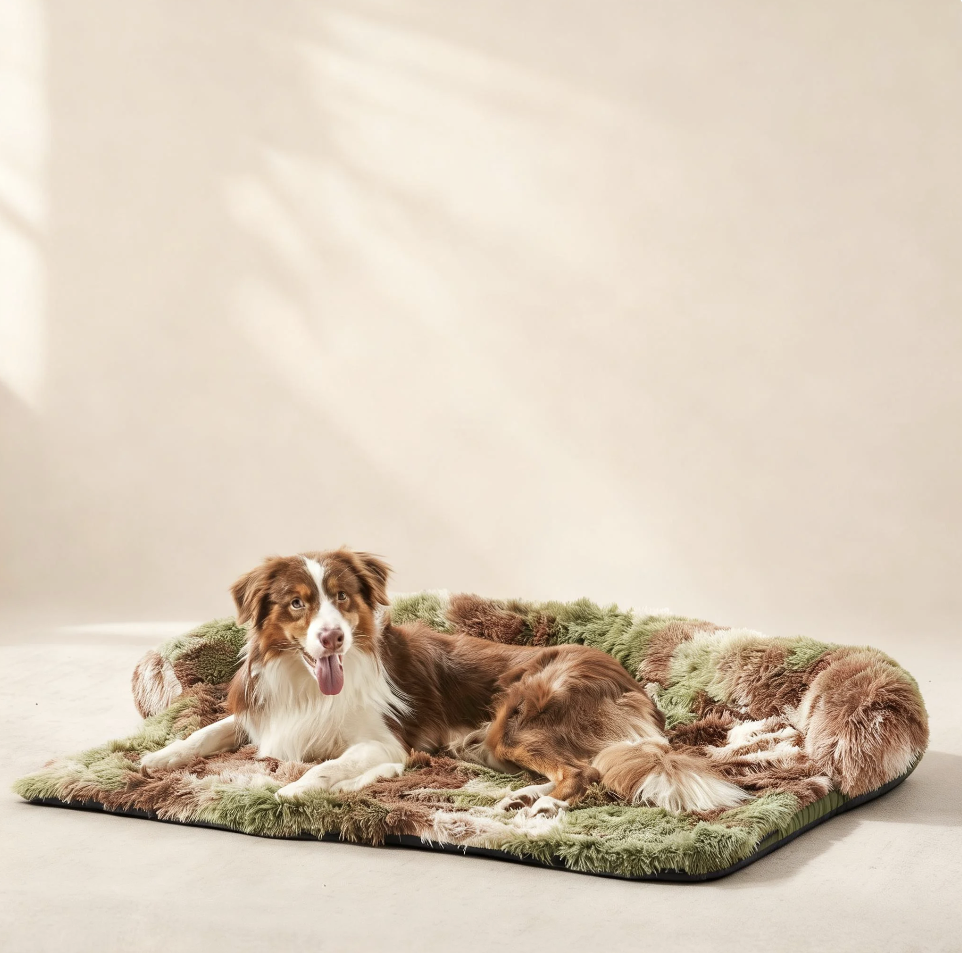 Dog resting on Inspaws green camo fluffy faux fur couch cover sofa bed on beige background