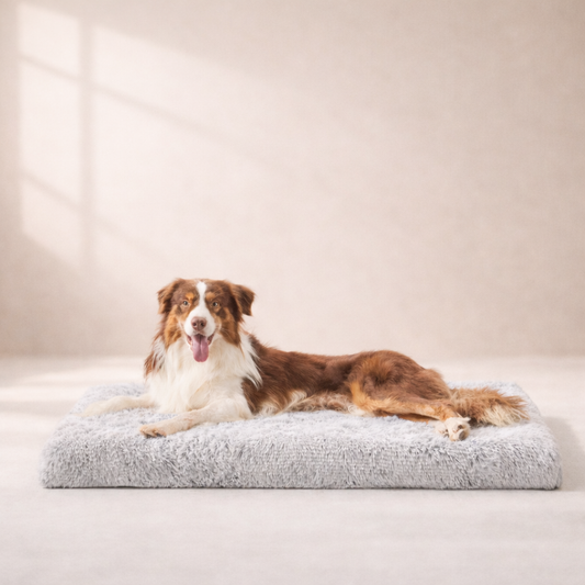 Dog resting on Inspaws orthopedic dog bed pillow in light grey faux fur