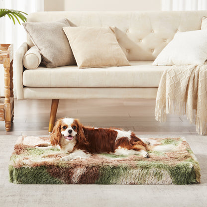 Dog lounging on Inspaws orthopedic pillow bed in green camo on floor