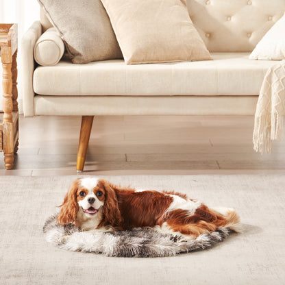 Cavalier King Charles Spaniel resting on Inspaws portable calming plush round pet mat in ink tie-dye in living room