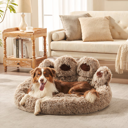 Border collie dog resting in Inspaws gradient coffee plush faux fur calming paw dog bed on living room floor