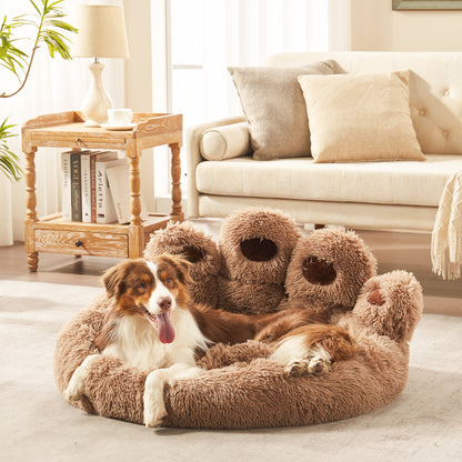 Border collie dog resting in Inspaws brown plush faux fur calming paw dog bed on living room floor