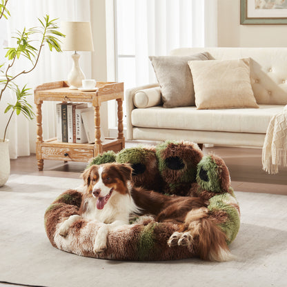 Border collie dog resting in Inspaws green camo plush faux fur calming paw dog bed on living room floor