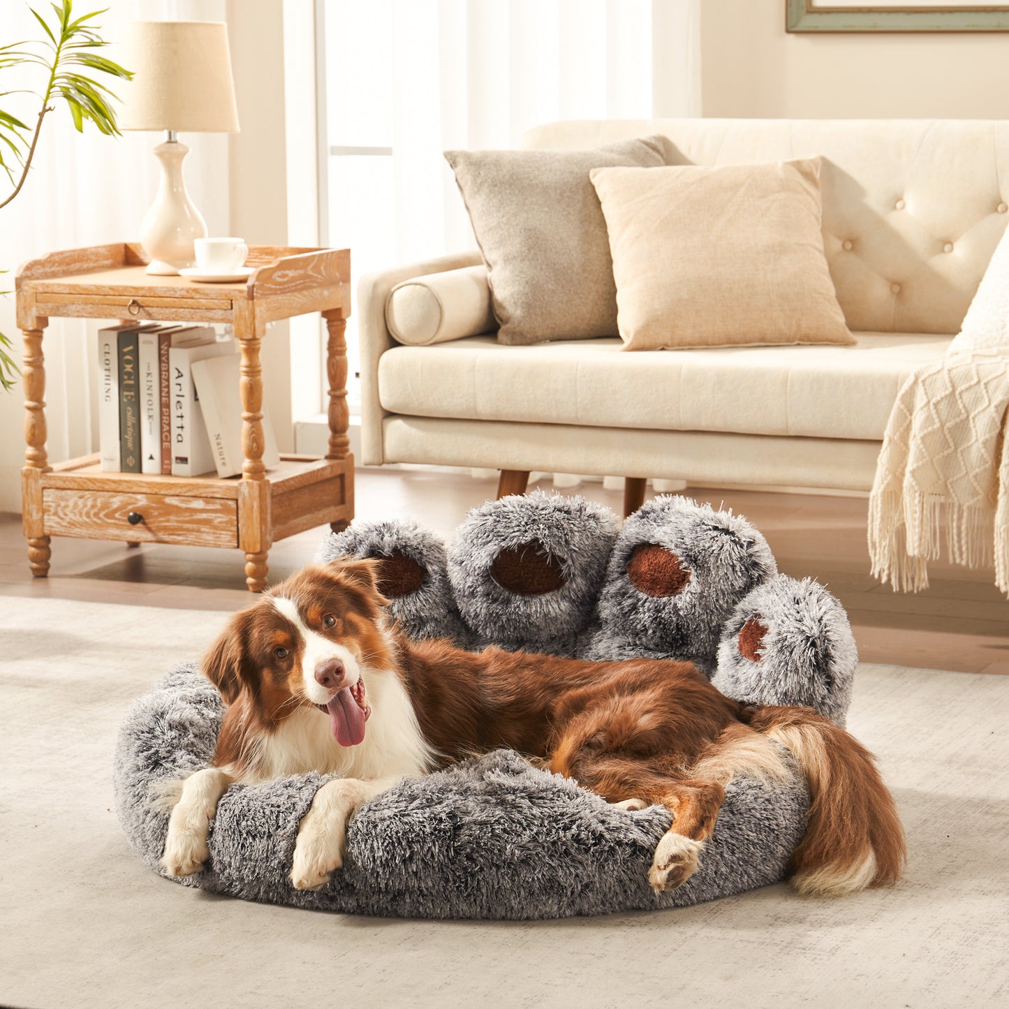 Border collie dog resting in Inspaws gradient grey frost plush faux fur calming paw dog bed on living room floor