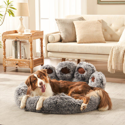 Border collie dog resting in Inspaws gradient grey frost plush faux fur calming paw dog bed on living room floor