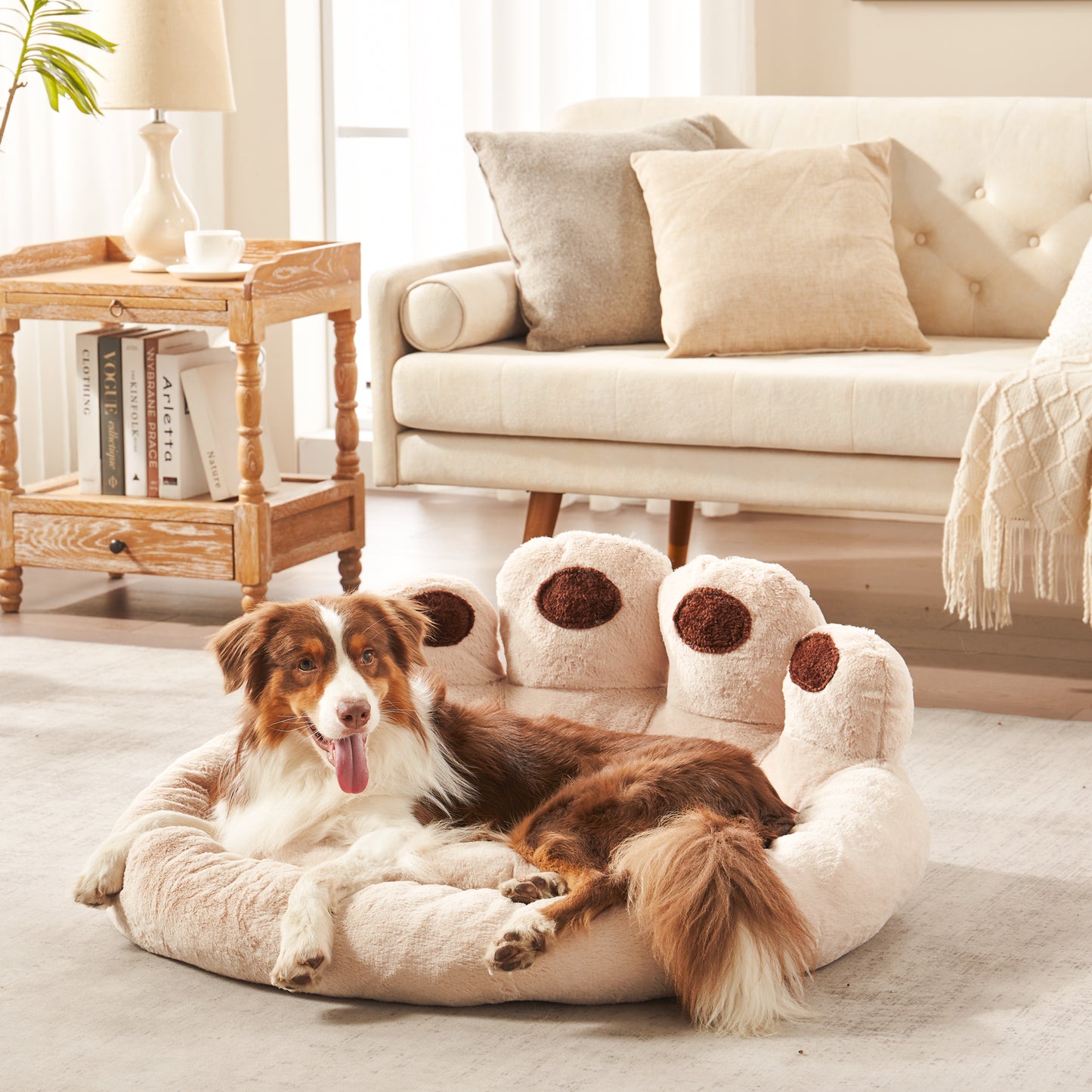 Border Collie resting in Inspaws velvet calming paw dog bed beige in living room floor 