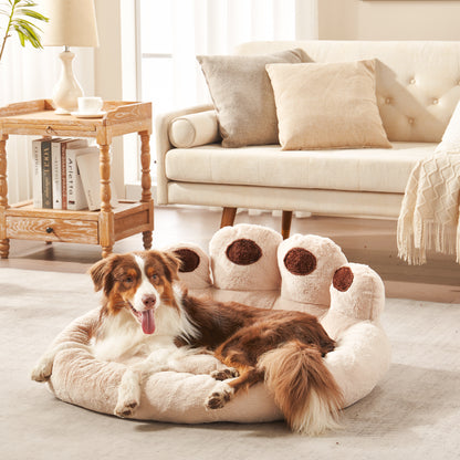 Border Collie resting in Inspaws velvet calming paw dog bed beige in living room floor 