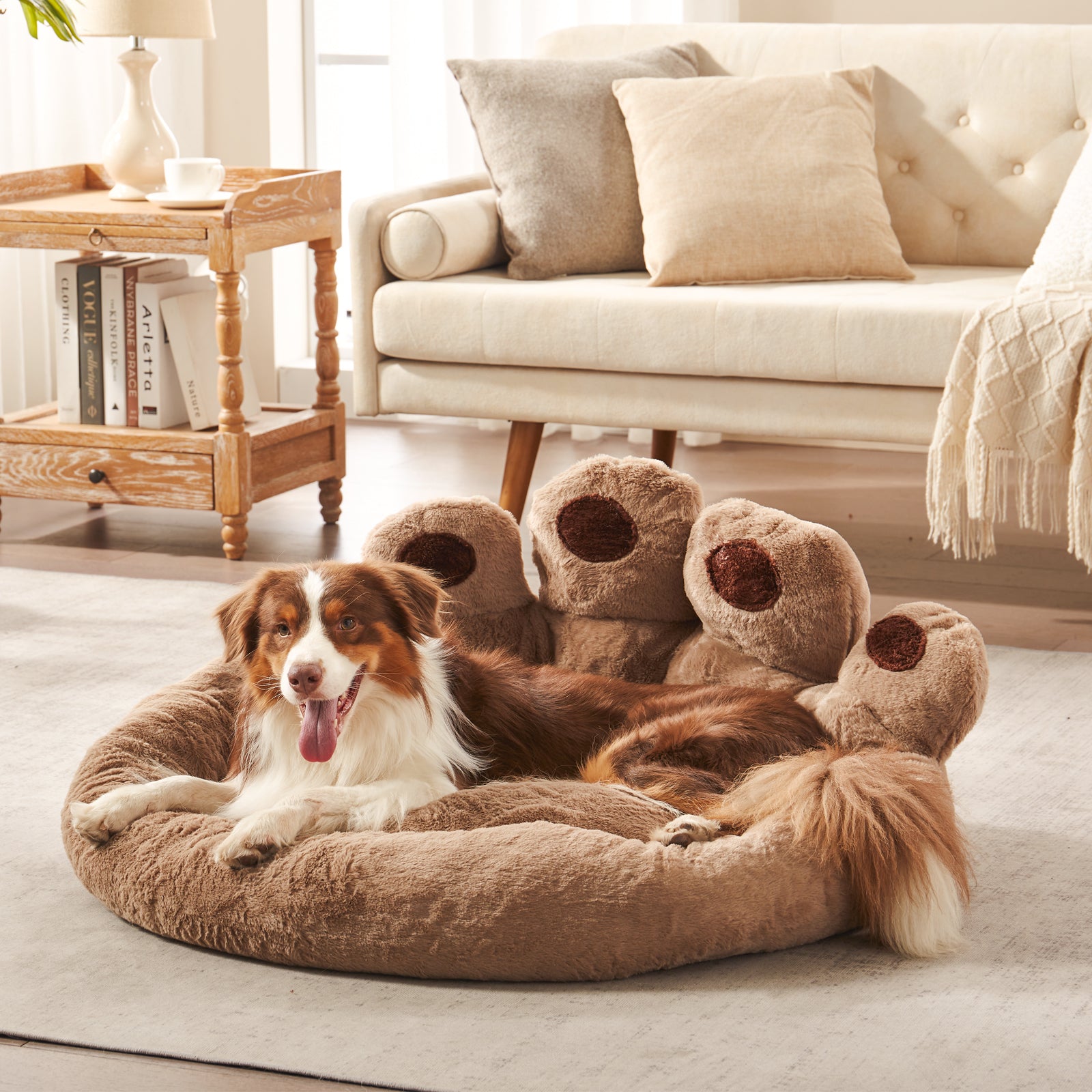 Border Collie resting in Inspaws velvet calming paw dog bed brown in living room floor