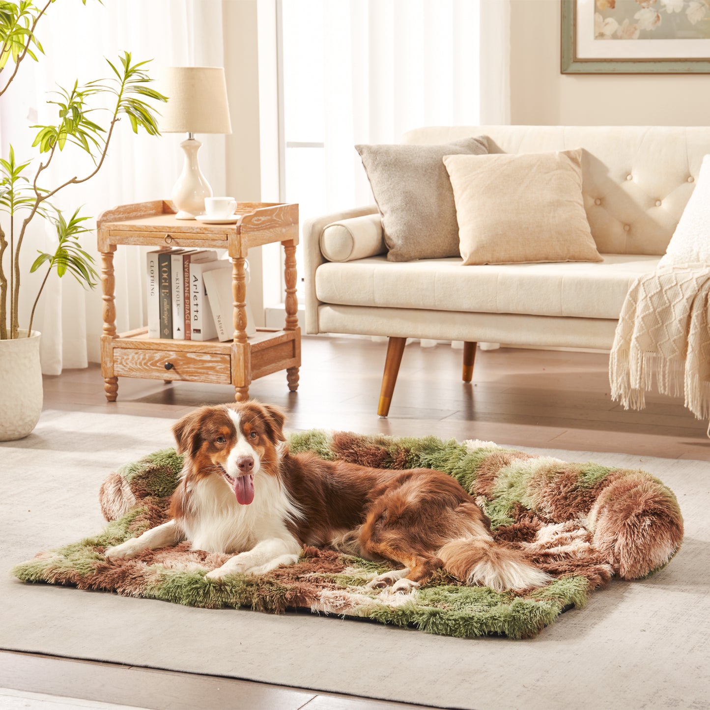 Dog lying on inspaws faux long fur bolster couch cover in green camo on floor in living room