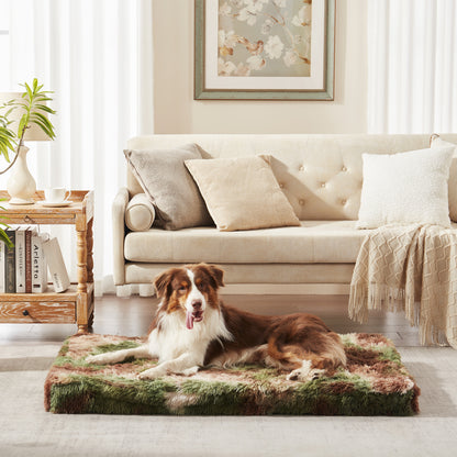 Dog lounging on green camo Inspaws orthopedic pillow bed on floor