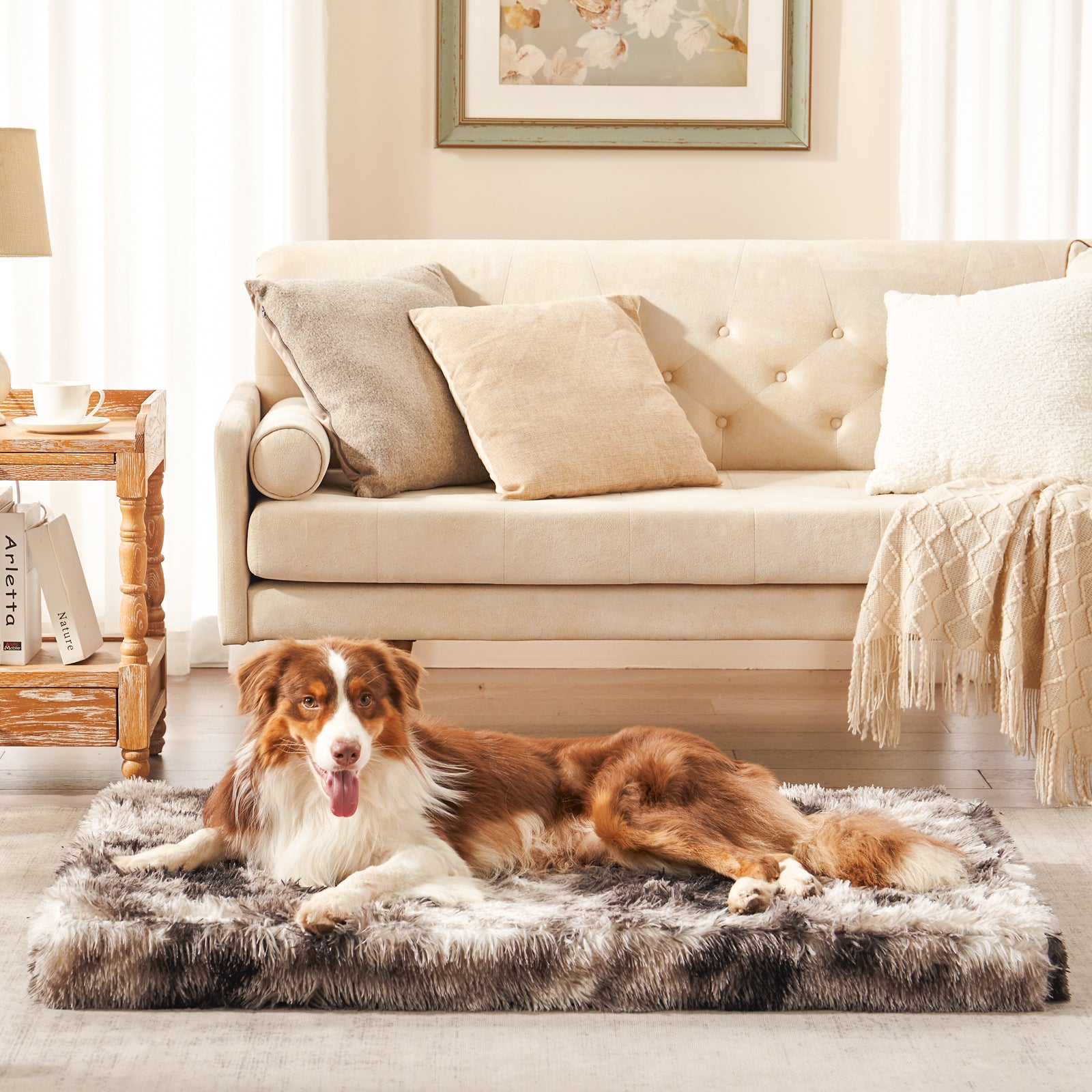 Dog lounging on tie-dye Inspaws orthopedic pillow bed on floor