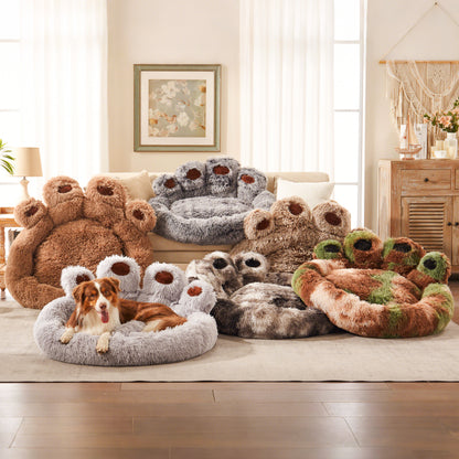 Inspaws calming plush paw dog bed available in multiple colors including brown, light grey, gradient grey, ink tie-dye and green camo in living room