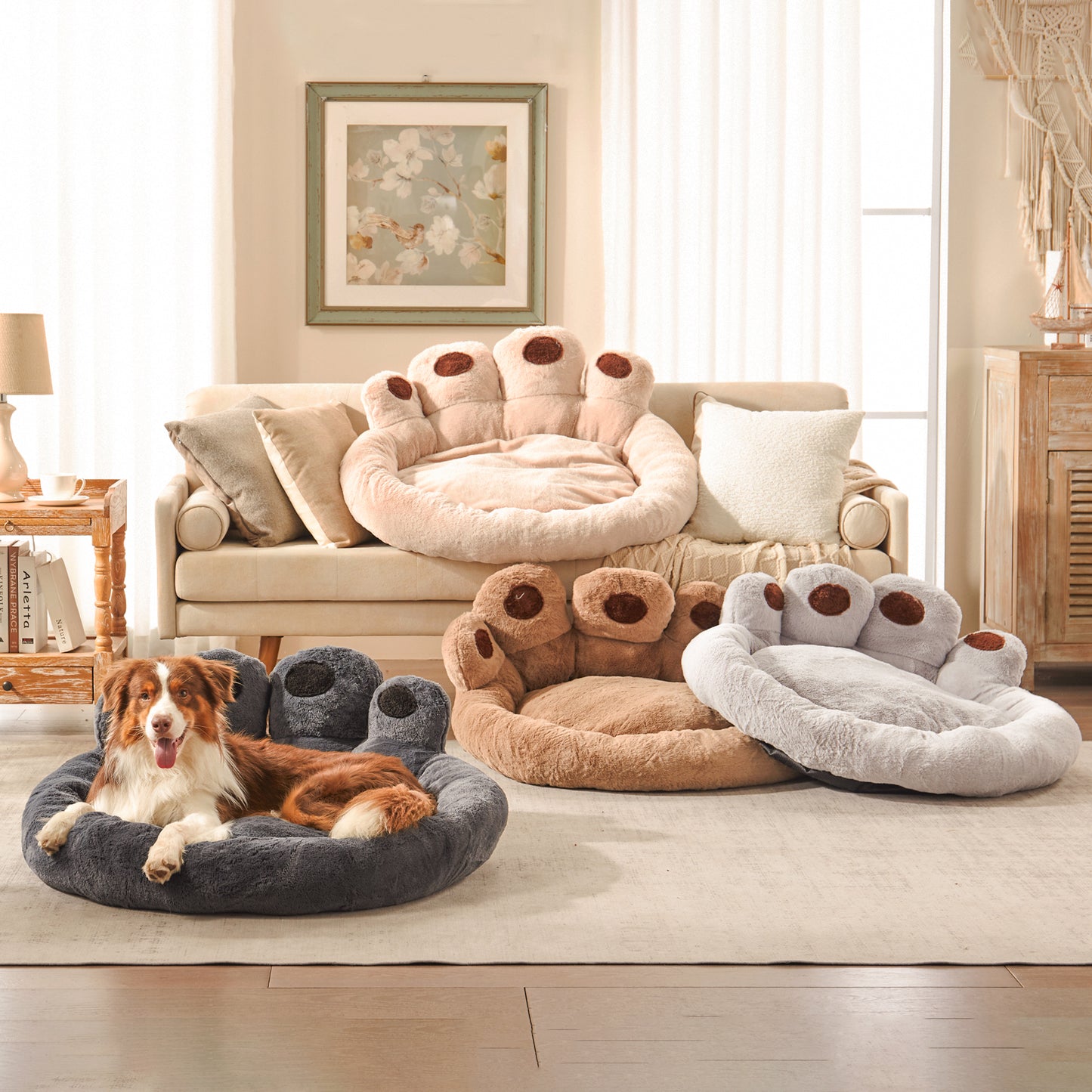 Border Collie resting in Inspaws velvet calming paw dog bed in dark grey with multiple colors including beige, brown and light grey displayed in living room