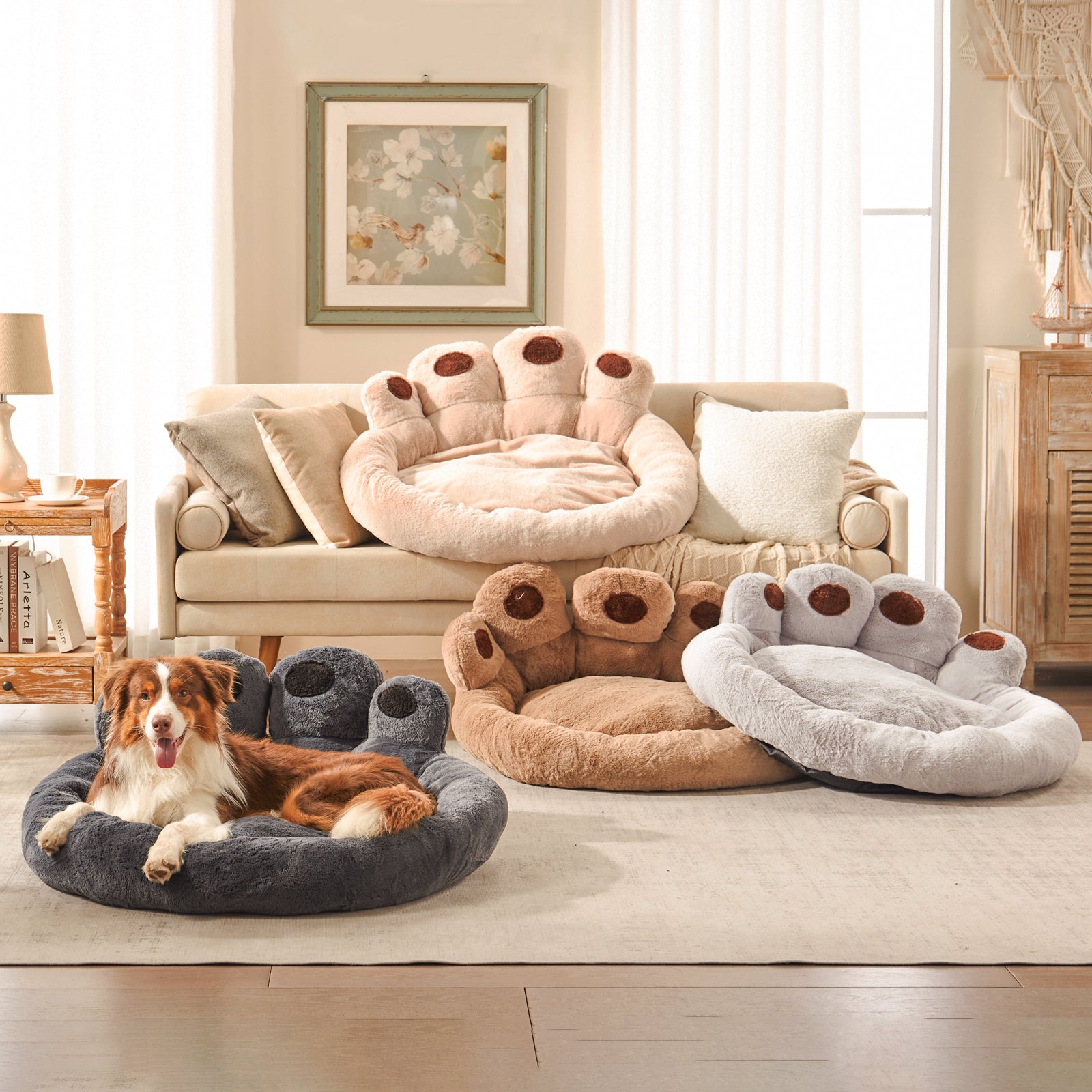 Border Collie resting in Inspaws velvet calming paw dog bed in dark grey with multiple colors including beige, brown and light grey displayed in living room