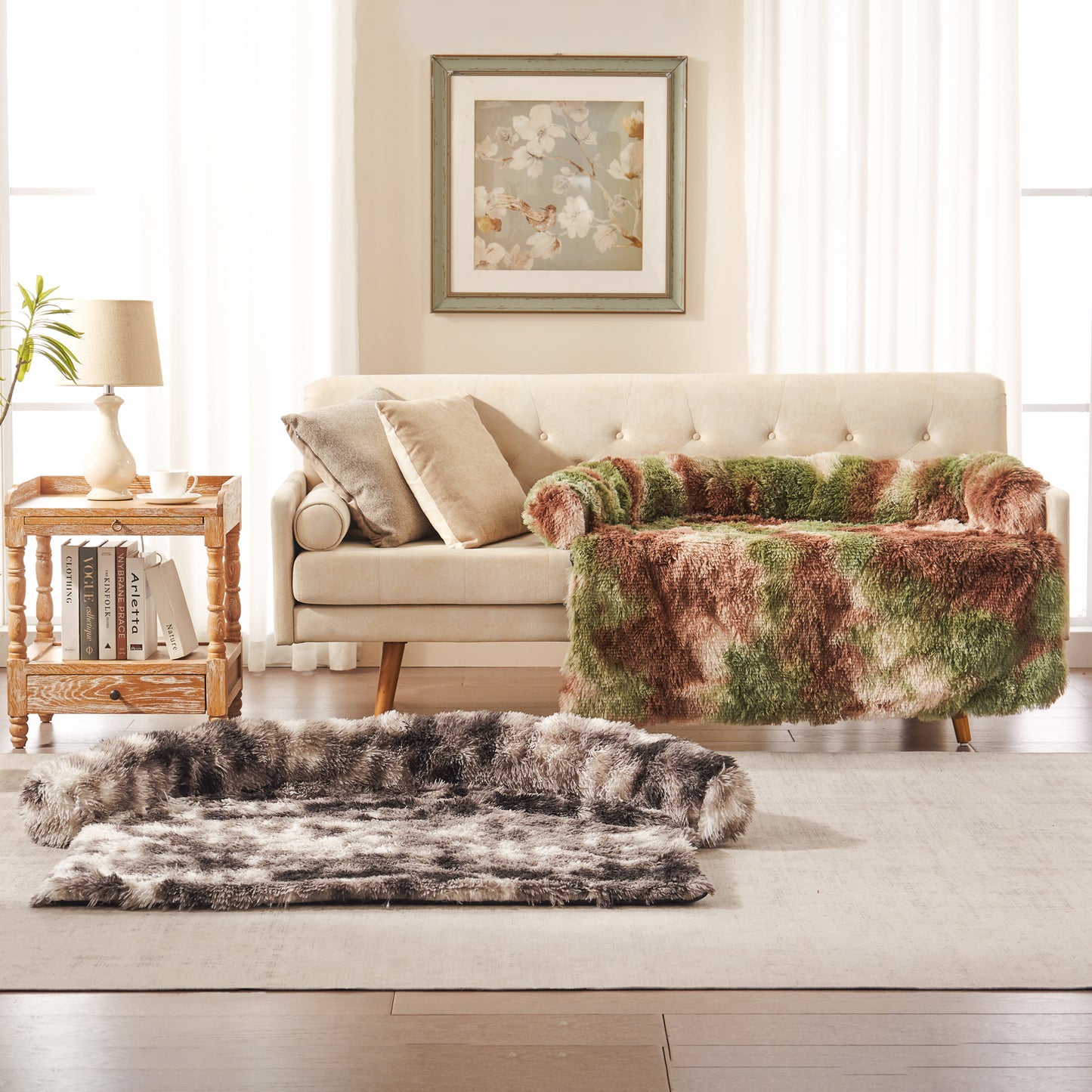 Inspaws fluffy faux fur couch cover sofa protector in ink tie-dye and green camo displayed in living room