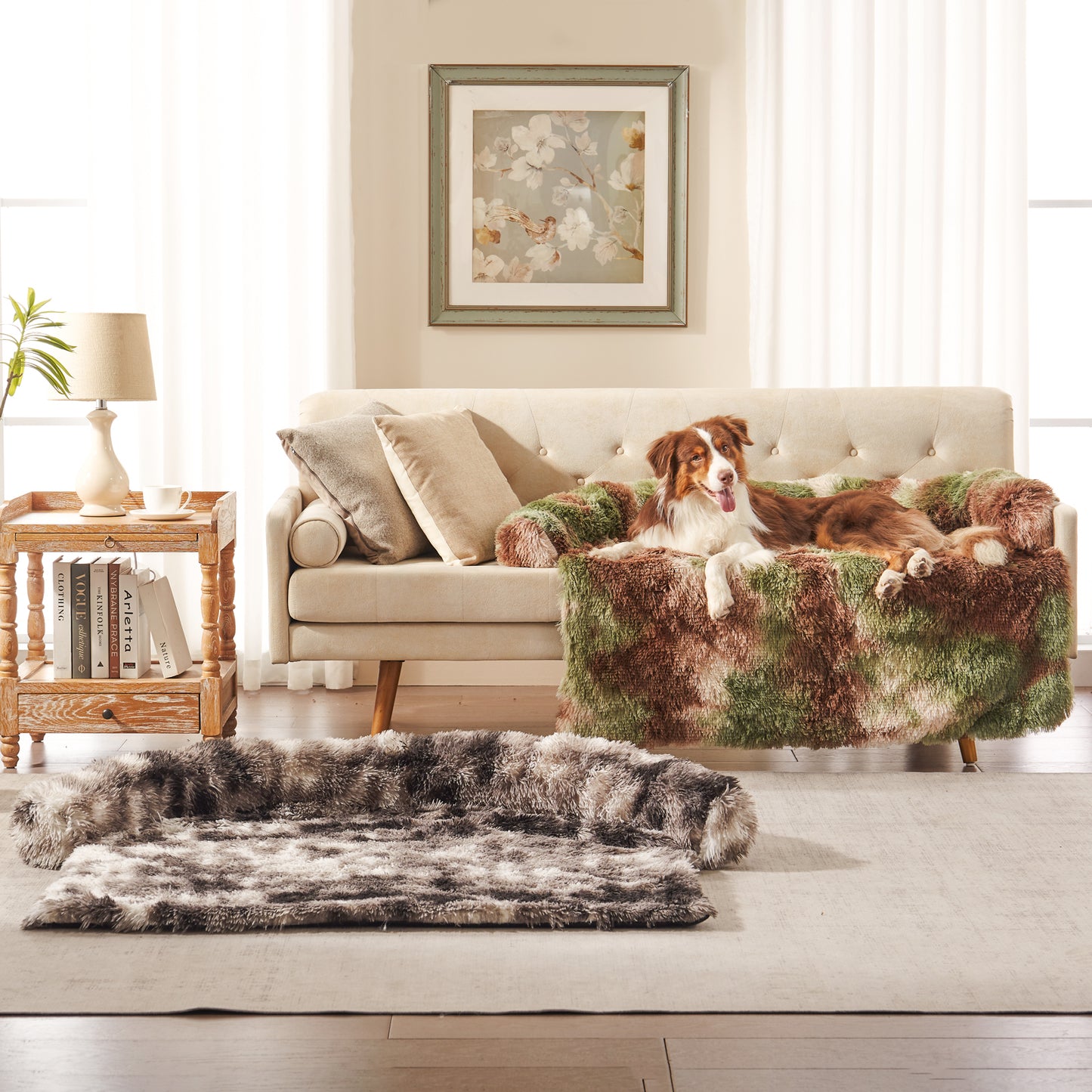 Dog on sofa with Inspaws faux long fur dog couch cover green camo