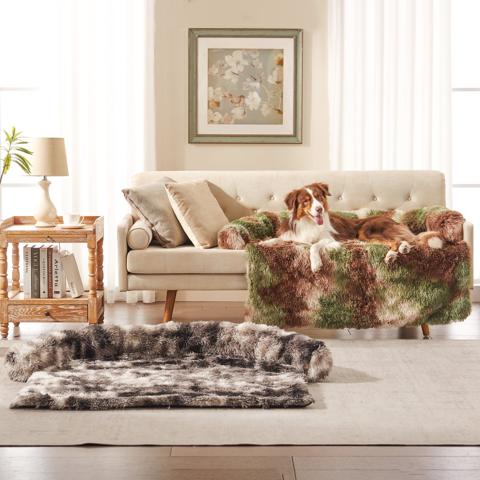Dog on sofa with Inspaws faux long fur dog couch cover green camo