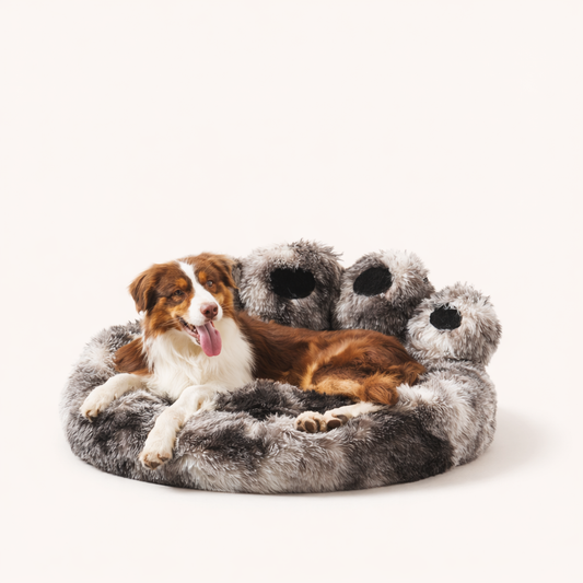 Border collie resting in Inspaws calming plush paw dog bed in ink tie-dye faux fur on grey background